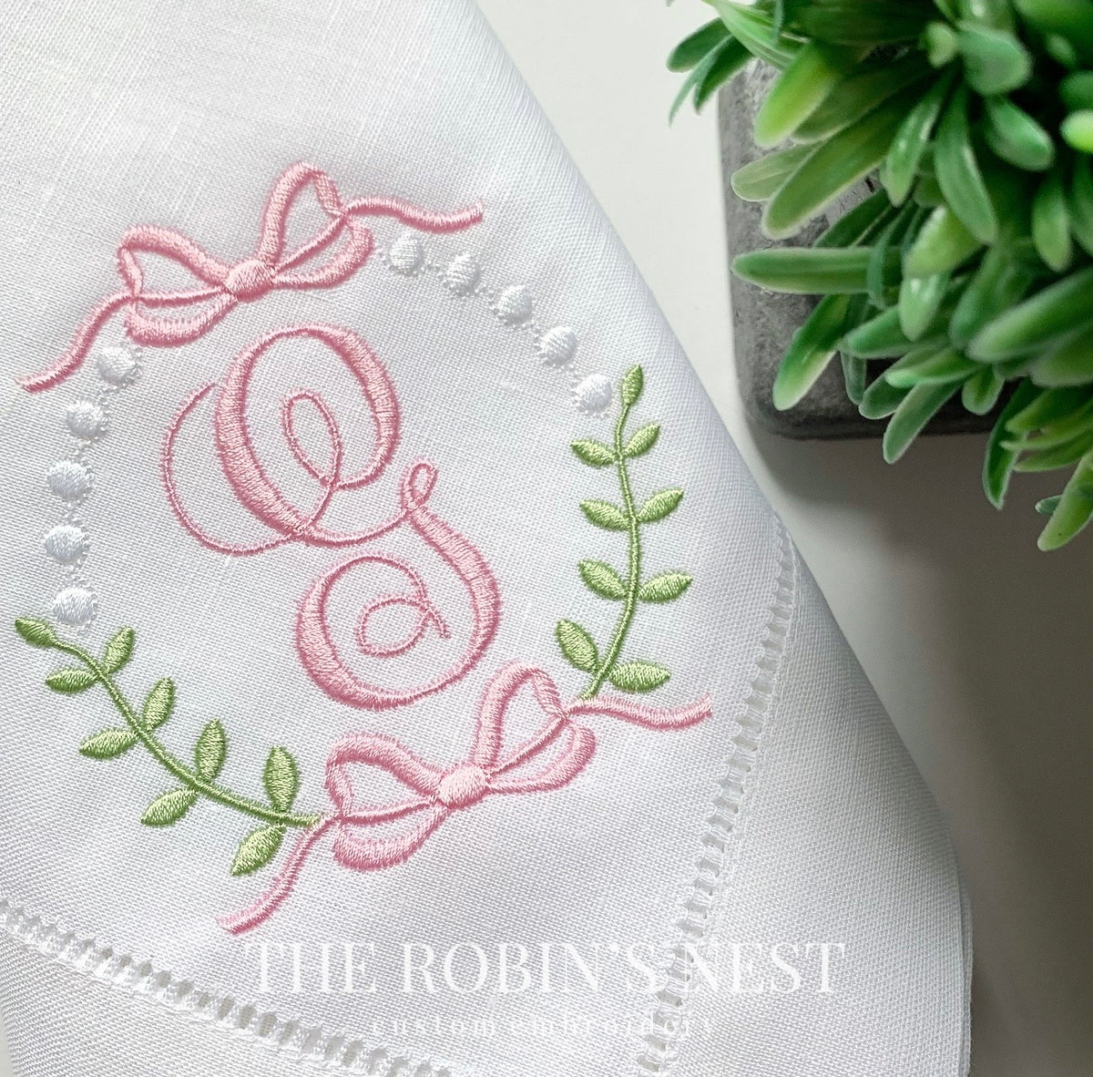 Linen/Cotton Blend Hemstitched Dinner Napkin - Bow With Greenery Frame ...