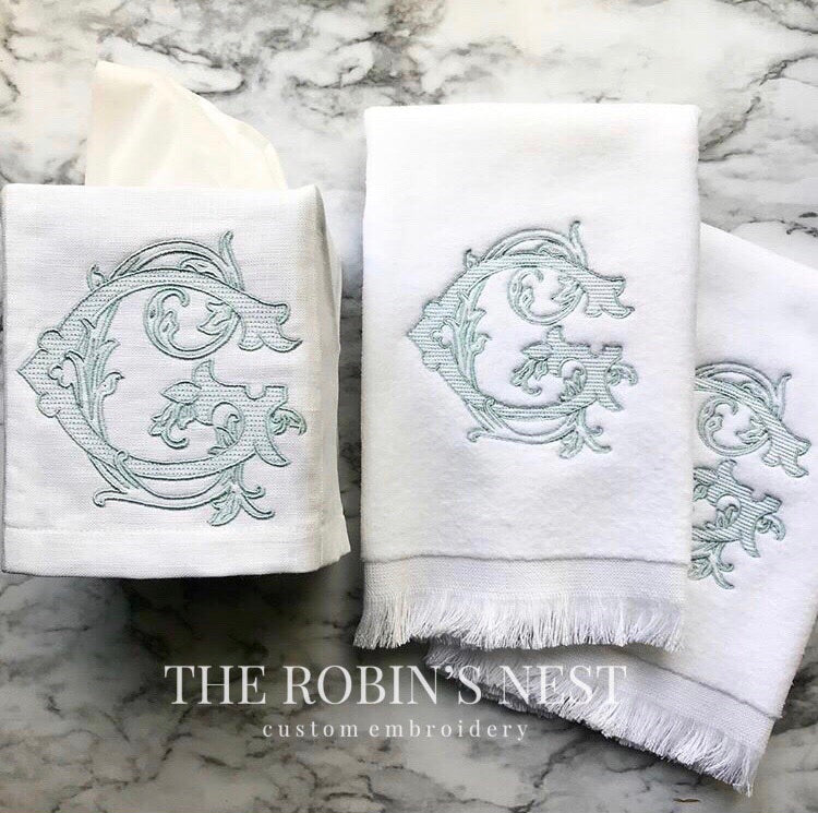 Linen embroidered Thank God for girlfriends Linen hand towel. Loop